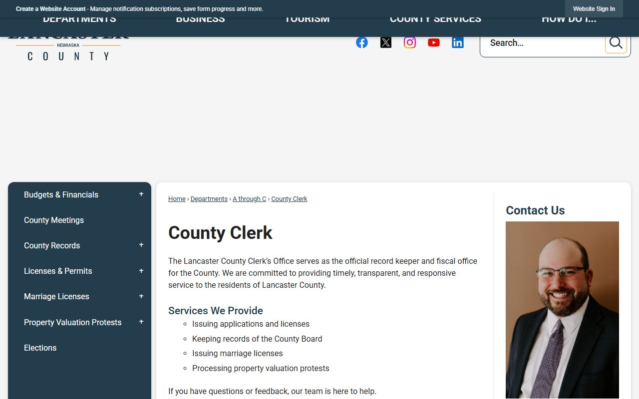 Lancaster County Clerk page with services and contact info