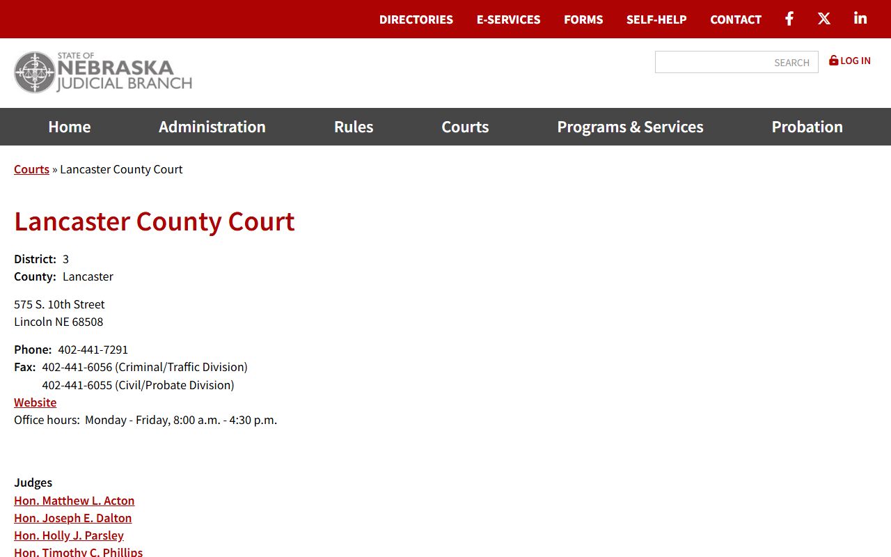 Nebraska Judicial Branch Lancaster County Court directory