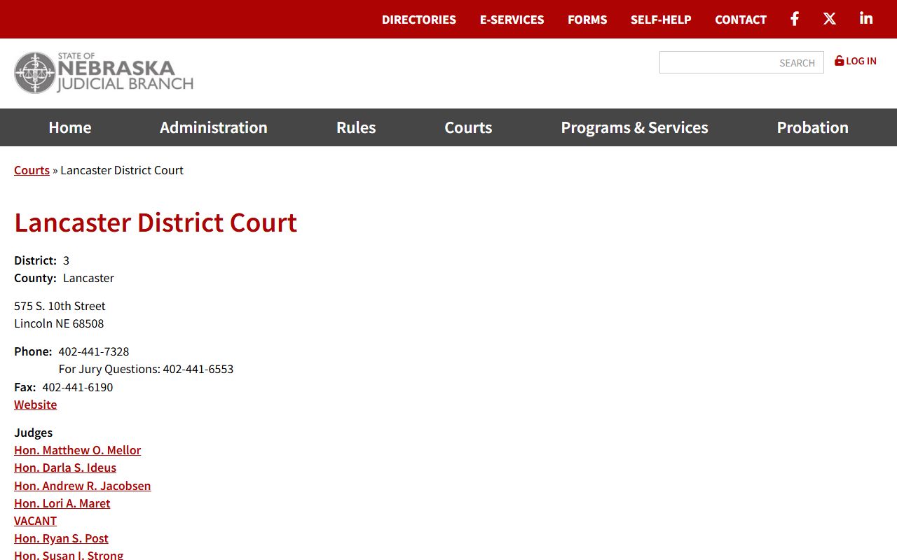 Lancaster County District Court directory on the Nebraska Judicial Branch site