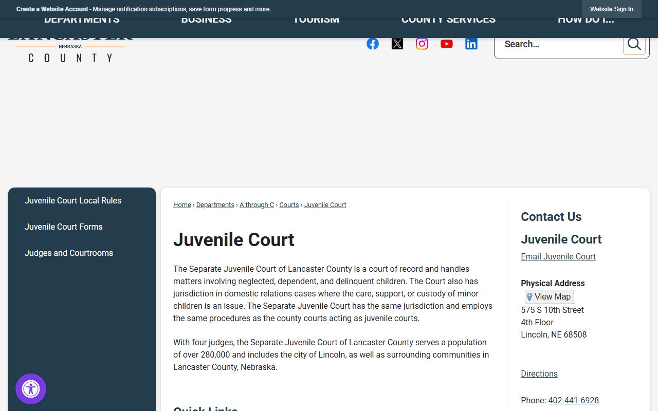 Lancaster County Separate Juvenile Court page with jurisdiction info