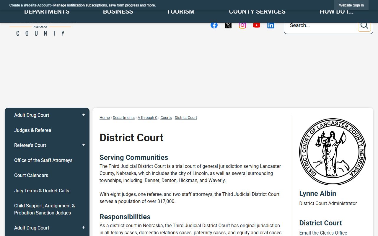 Lancaster County District Court page with court records info