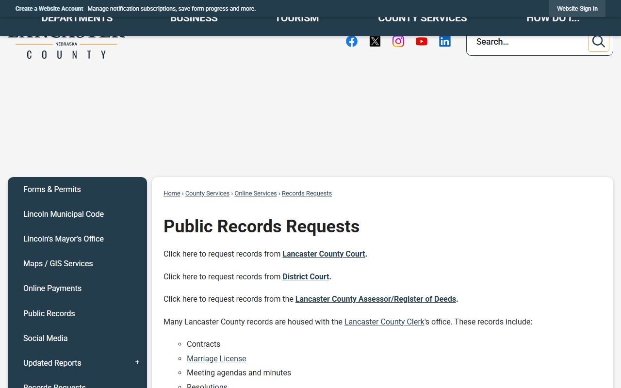 Lancaster County records request page covering court and county routes