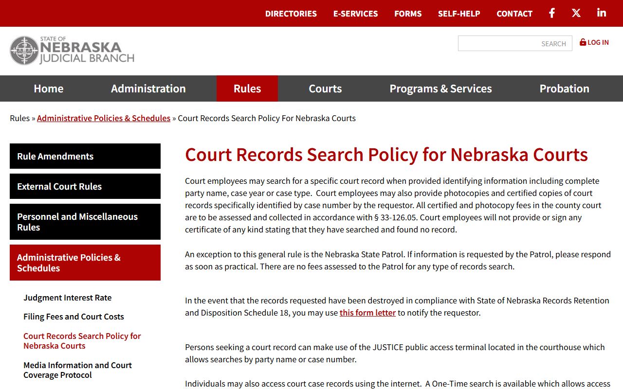 Lancaster County court records search policy from the Nebraska Judicial Branch