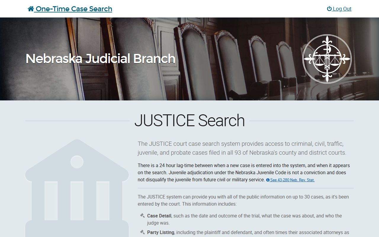 Lancaster County JUSTICE One-Time Court Case Search portal screen