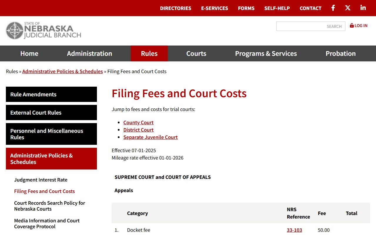 Lancaster County court filing fees and court costs schedule
