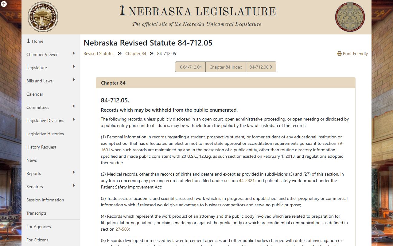 Nebraska public records exemptions section 84-712.05 for Lancaster County