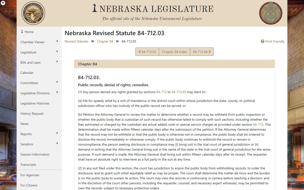 Nebraska section 84-712.03 denial review and mandamus statute