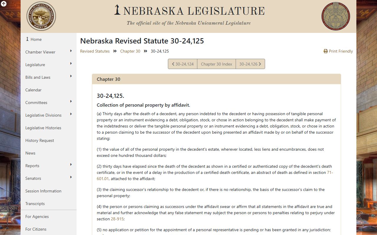 Nebraska Revised Statute 30-24,125 small estate affidavit procedure cited for Lancaster County probate