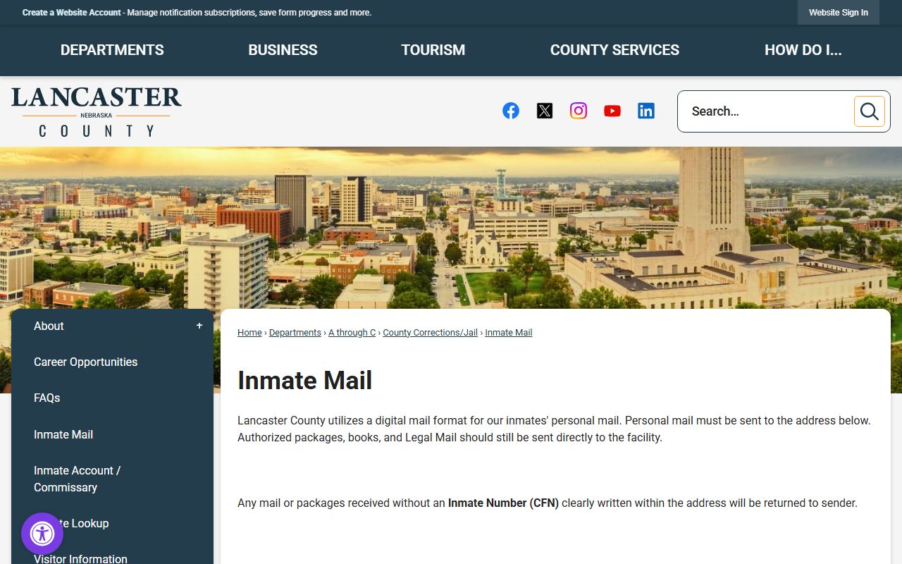 Lancaster County inmate mail rules page for the jail