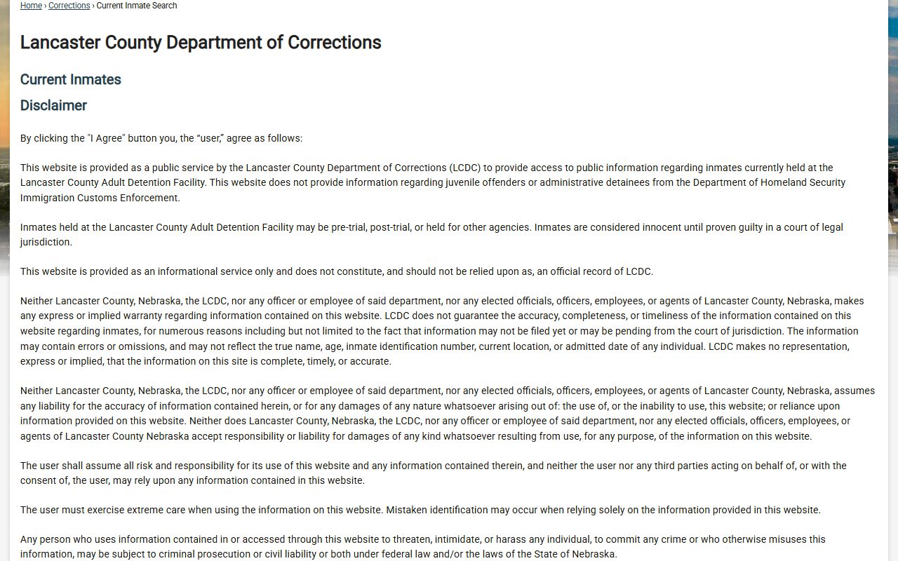 Lancaster County jail population inmate lookup disclaimer and search form