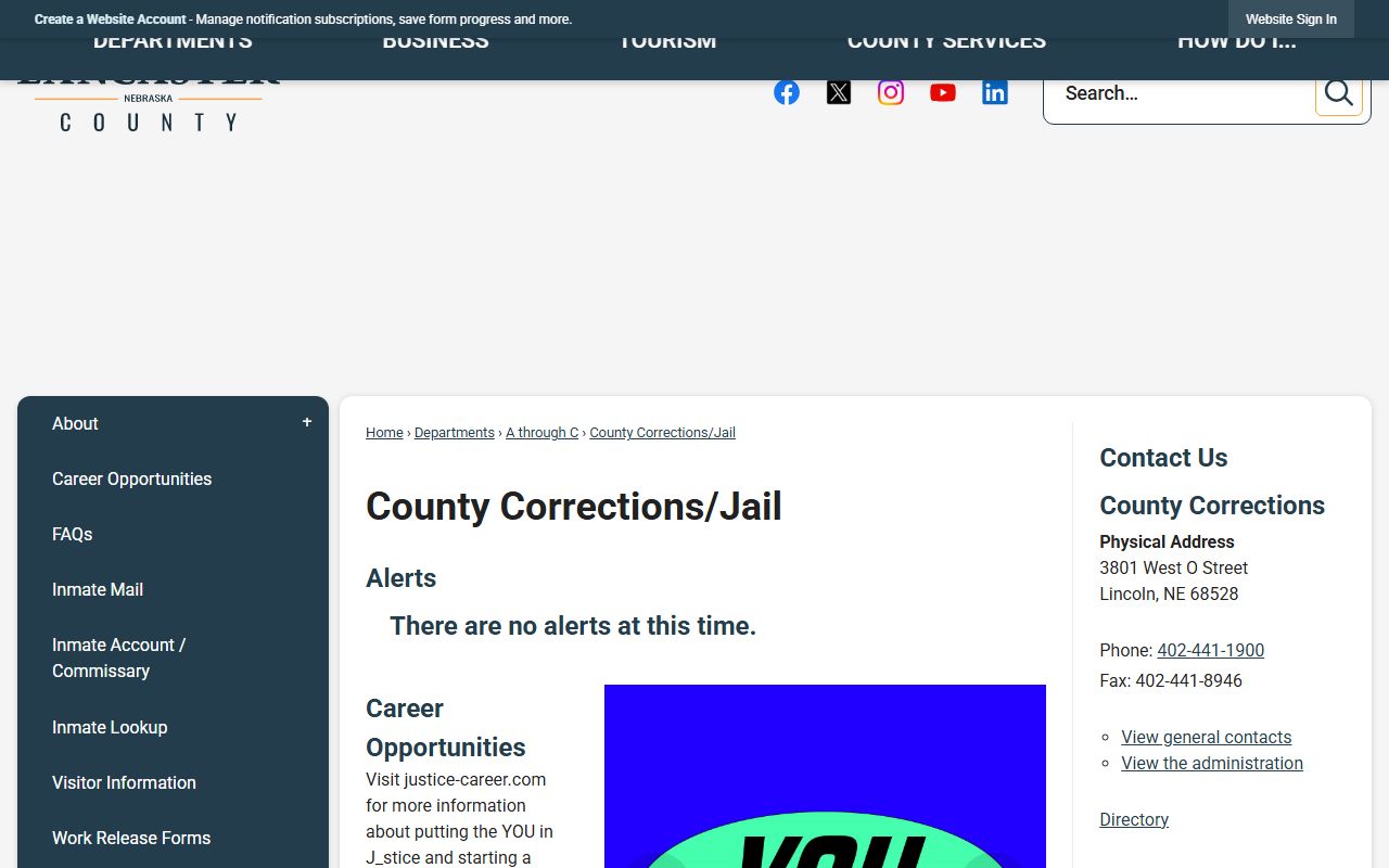 Lancaster County Department of Corrections page with Adult Detention Facility contact and inmate population links