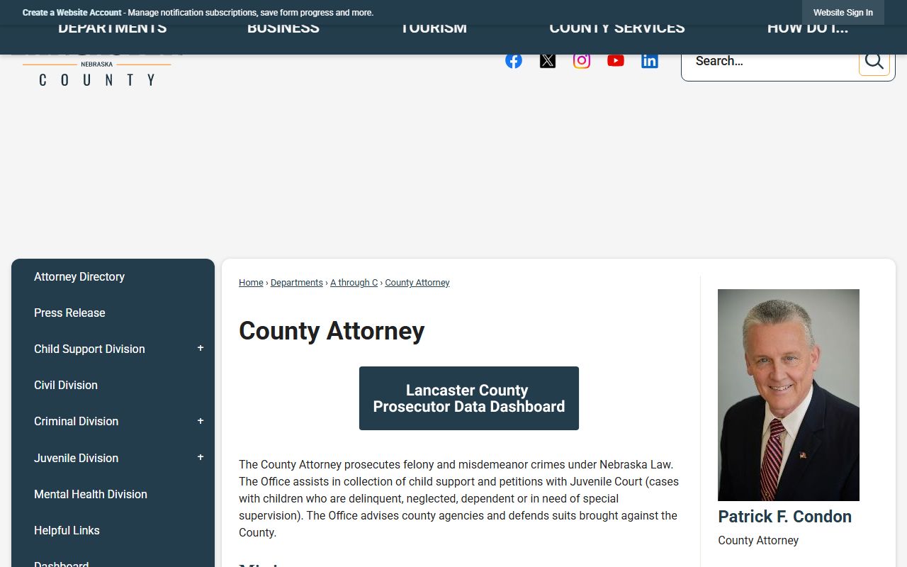 Lancaster County Attorney page with mission and contact for criminal arrest records