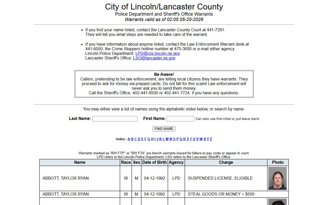 Lancaster County warrant search list from the Lincoln Police and Sheriff's Office joint page