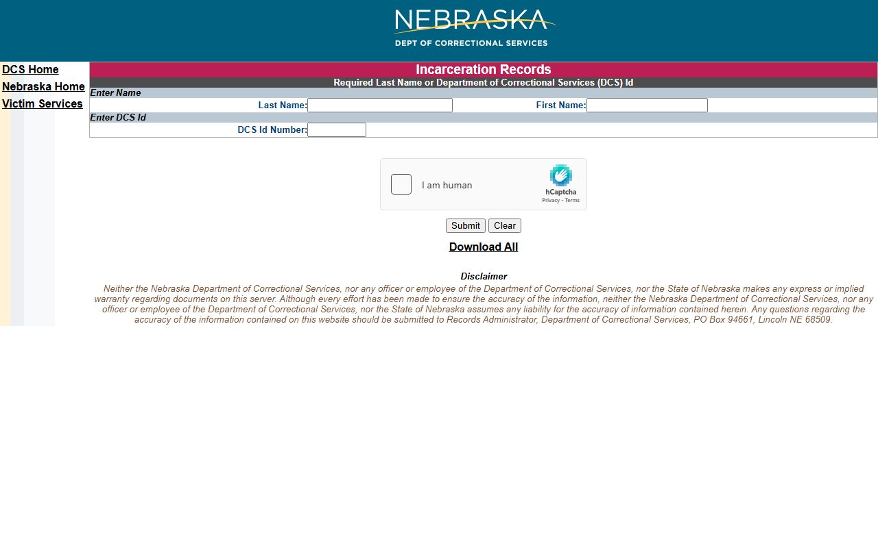 Nebraska NDCS inmate search input page for Lancaster County arrest follow-up