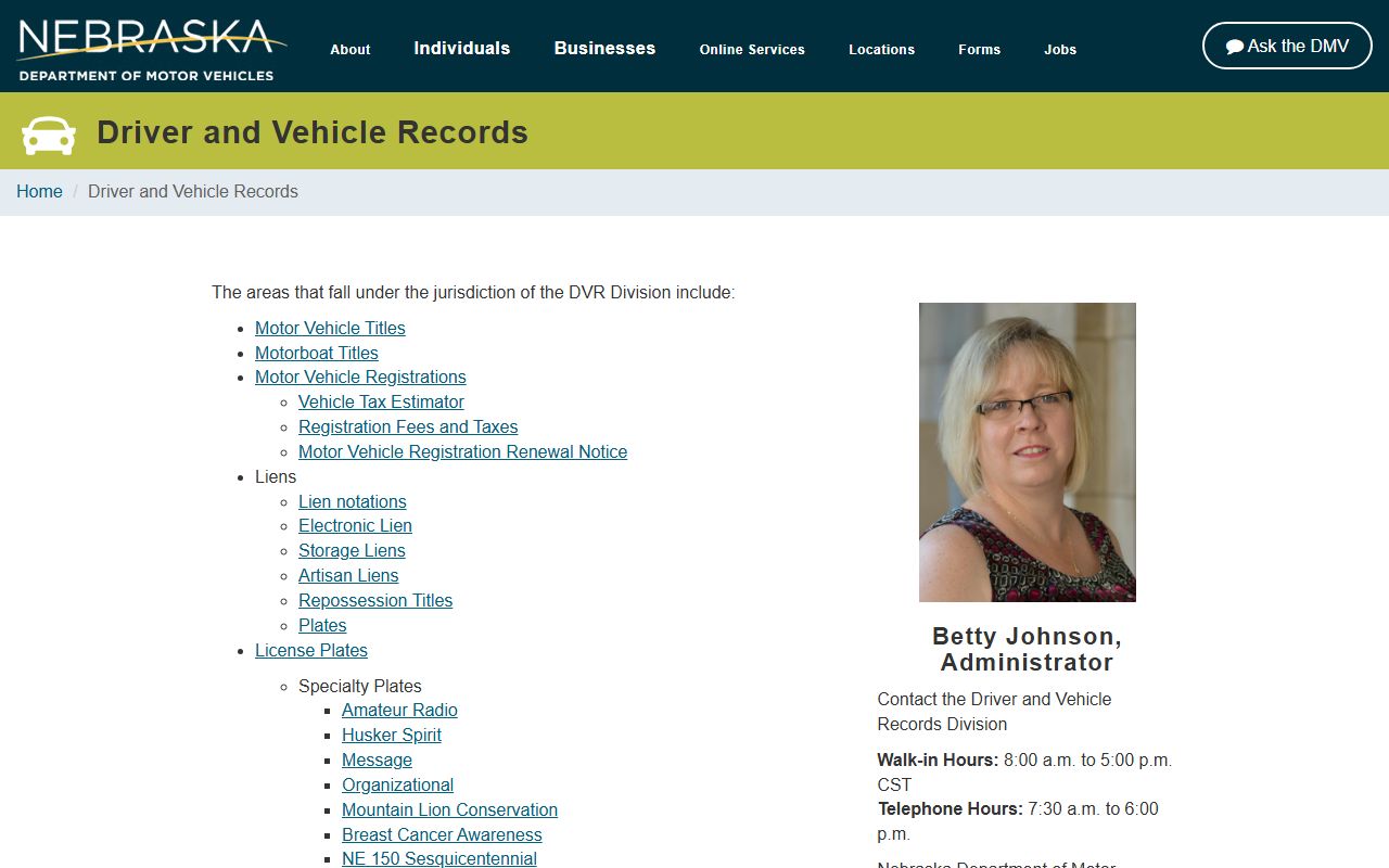 Nebraska DMV Driver and Vehicle Records Division page