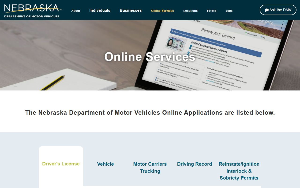 Nebraska DMV online services page with certified driver record search